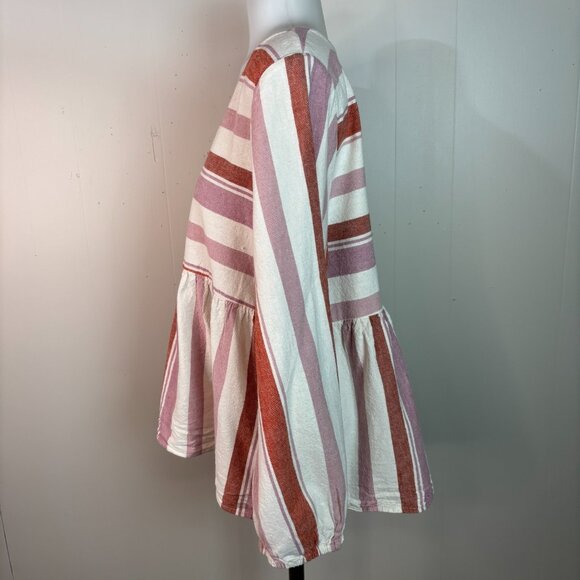 American Eagle Babydoll Tunic Top Large White Pink Striped V-Neck Cotton Blend - Picture 5 of 9